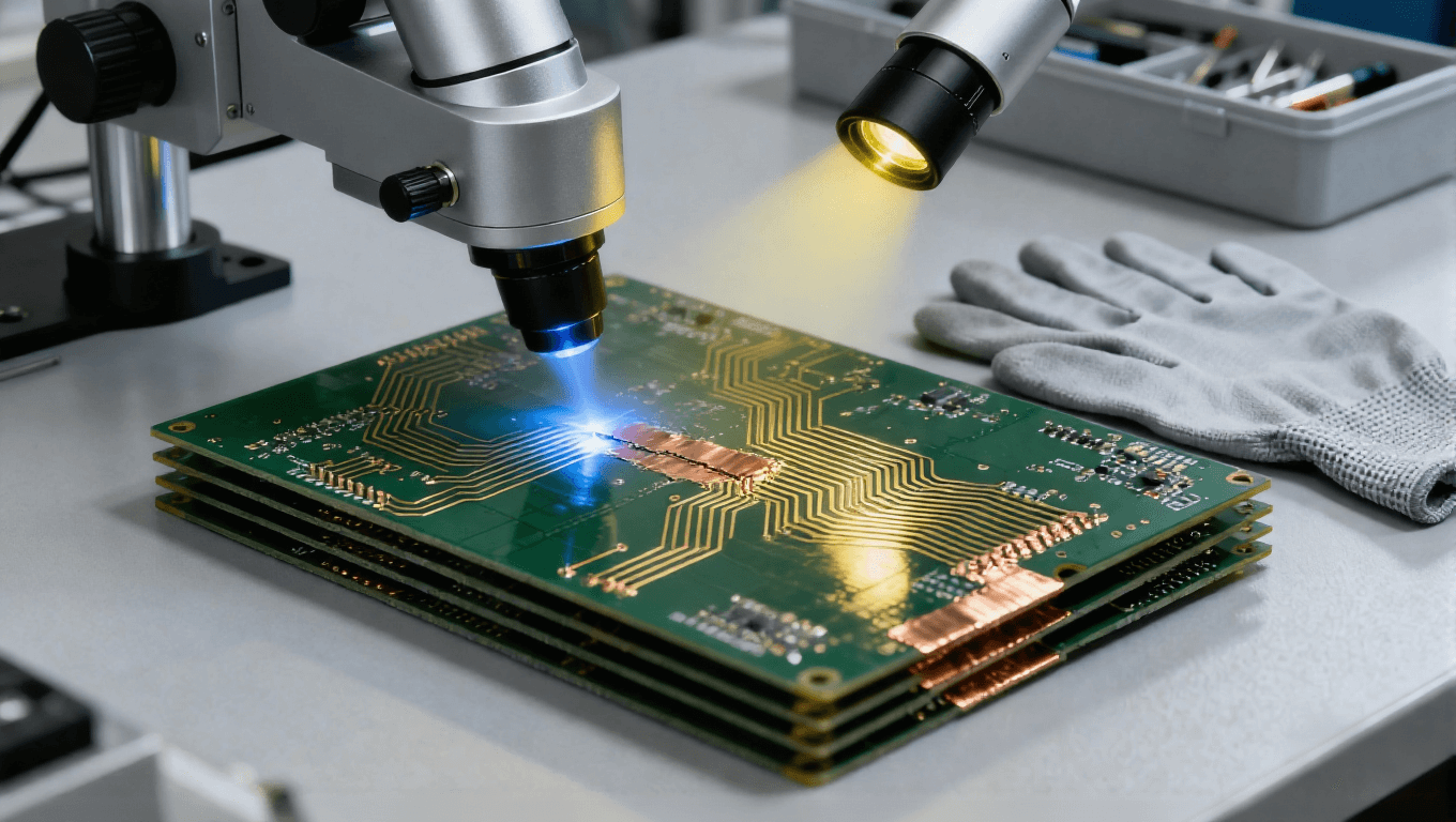 PCB 線路缺陷激光修復(fù)場(chǎng)景，淡藍(lán)色微光束微米級(jí)切除多余銅箔修復(fù)短路