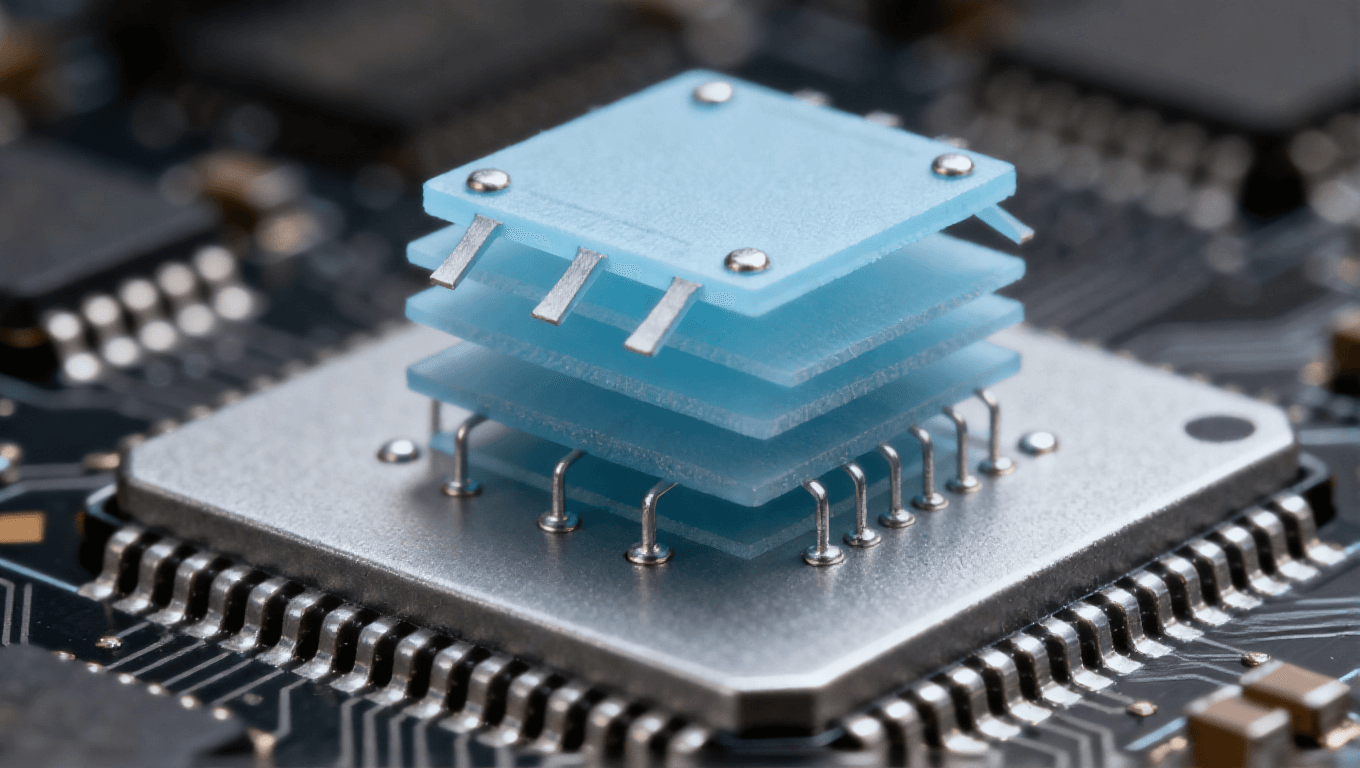 感器三維堆疊，淡藍(lán)色傳感器與銀灰色處理芯片