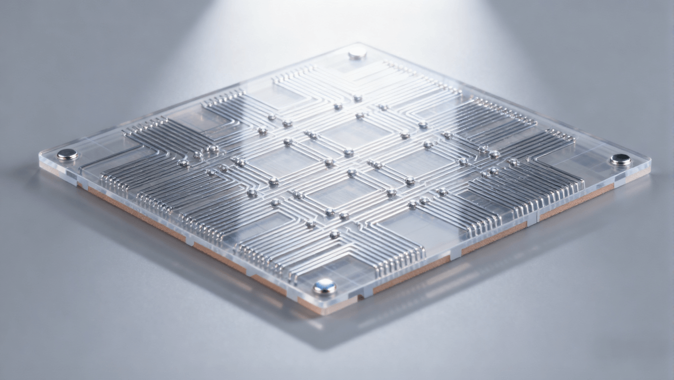 Mini LED驅動板mSAP工藝精細線路特寫，展示透明PCB基板與銀銅色細密線路，高端PCB線路細節(jié)圖