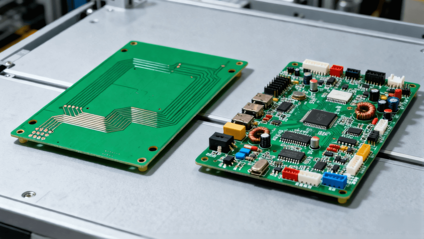 左側(cè)綠色 PCB 空板、右側(cè)集成元器件的 PCBA 組件，并列擺放的電子制造對比展示