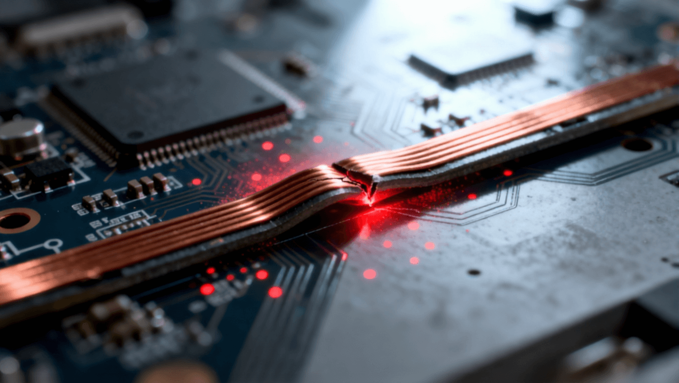 可折疊電路板鉸鏈區(qū)應(yīng)力集中與疲勞損傷示意圖，揭示傳統(tǒng)材料在反復折疊中的挑戰(zhàn)