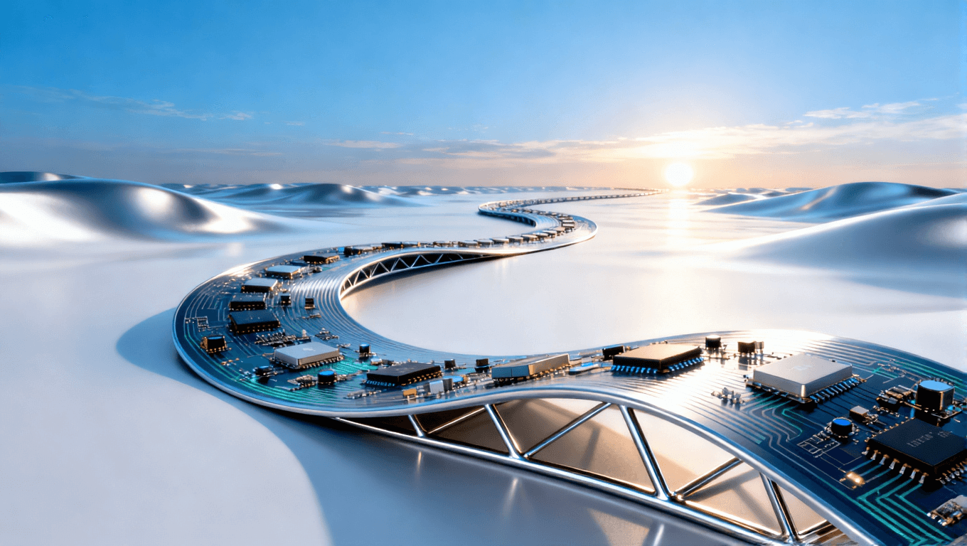 超彈性材料作為基石的柔性電子系統(tǒng)全景概念，展現(xiàn)可折疊設(shè)備的高整合與可靠未來