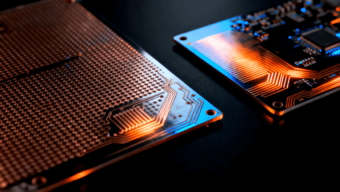 羅杰斯RO4003C與RO4350B電路板特寫，金屬光澤，精細(xì)銅線與熱散發(fā)圖案，橙藍(lán)微光效果