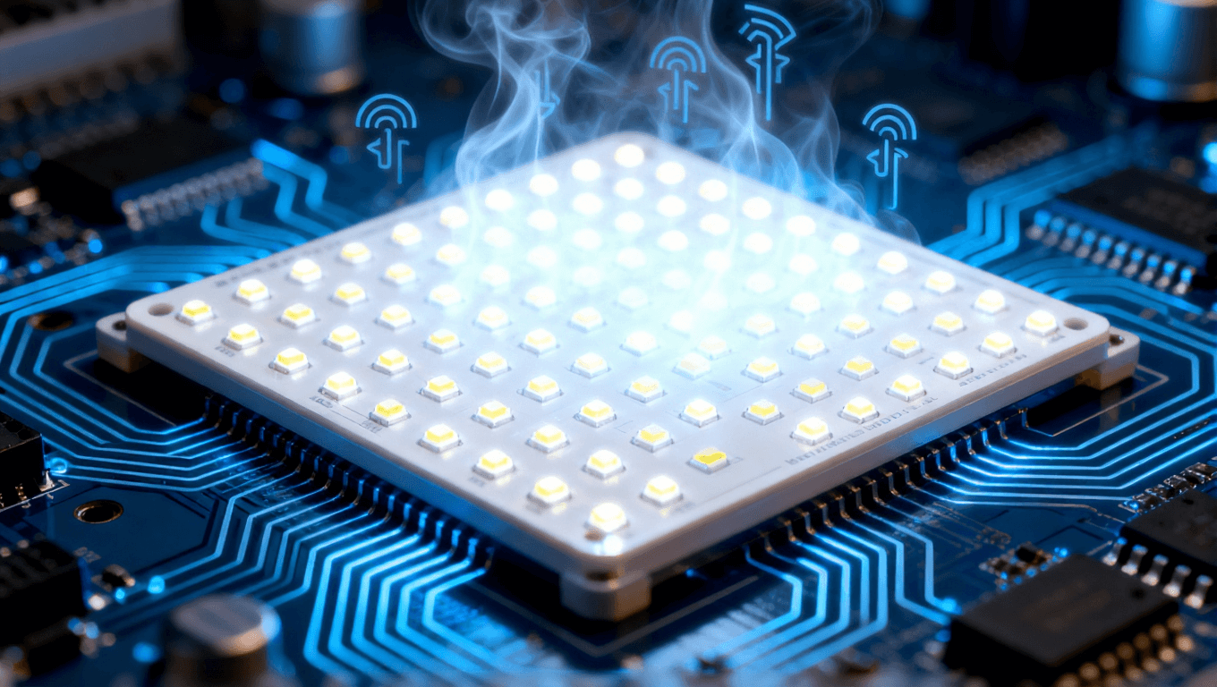 LED面板與高導(dǎo)電電路板，LED燈發(fā)光，散熱符號(hào)，清涼環(huán)境光，熱流線圍繞電路板