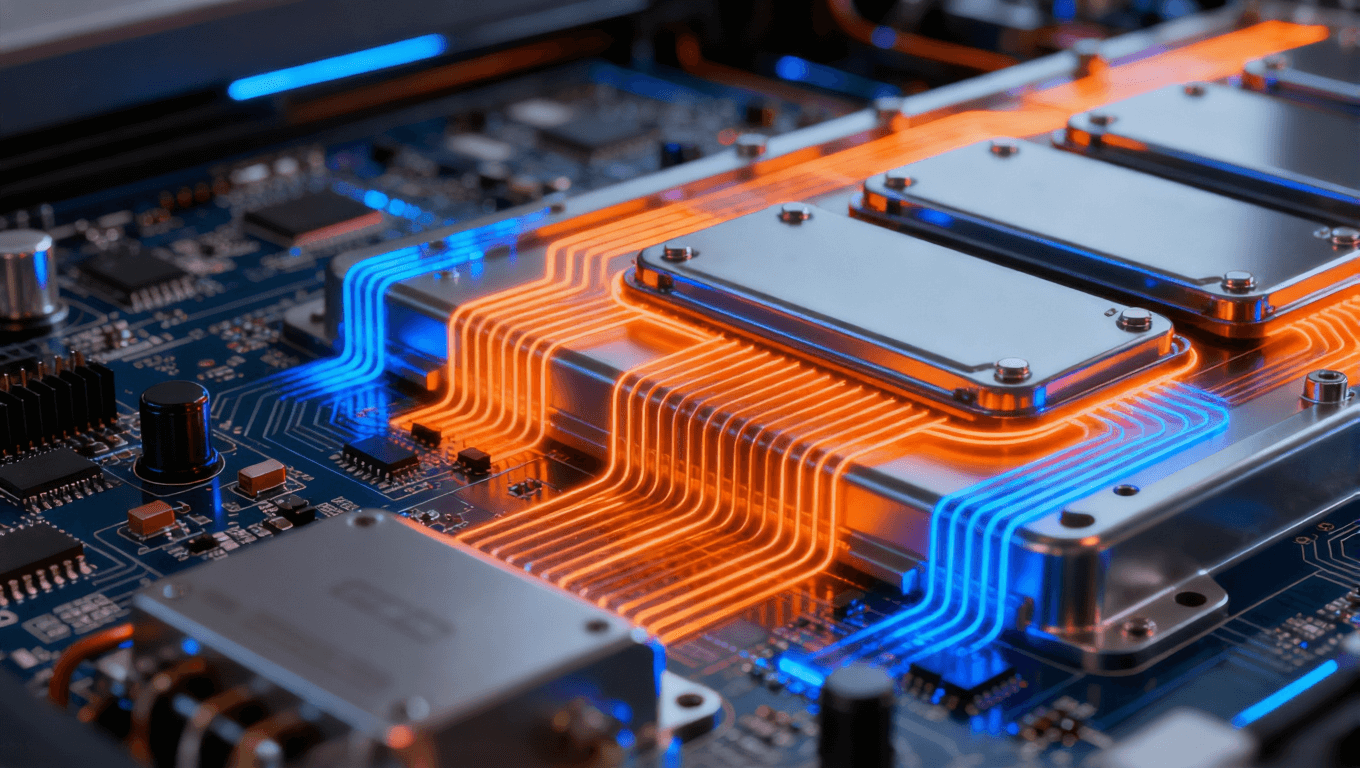 電動(dòng)汽車電池管理模塊，先進(jìn)電路板技術(shù)，電池單元與逆變器電路特寫，熱散發(fā)效果