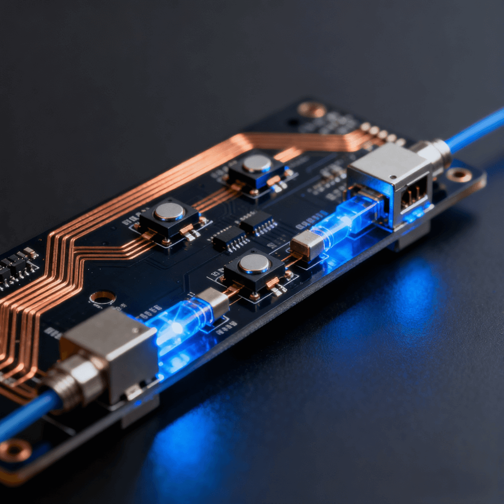 高頻光模塊PCB細節(jié)圖，展現(xiàn)激光器件和光電轉(zhuǎn)換元件布局