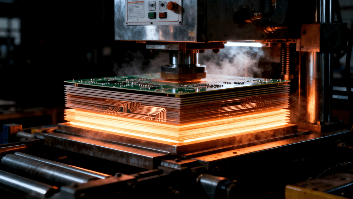 高溫高壓PCB層壓過程，展示PCB層間的精準(zhǔn)壓合和高壓設(shè)備