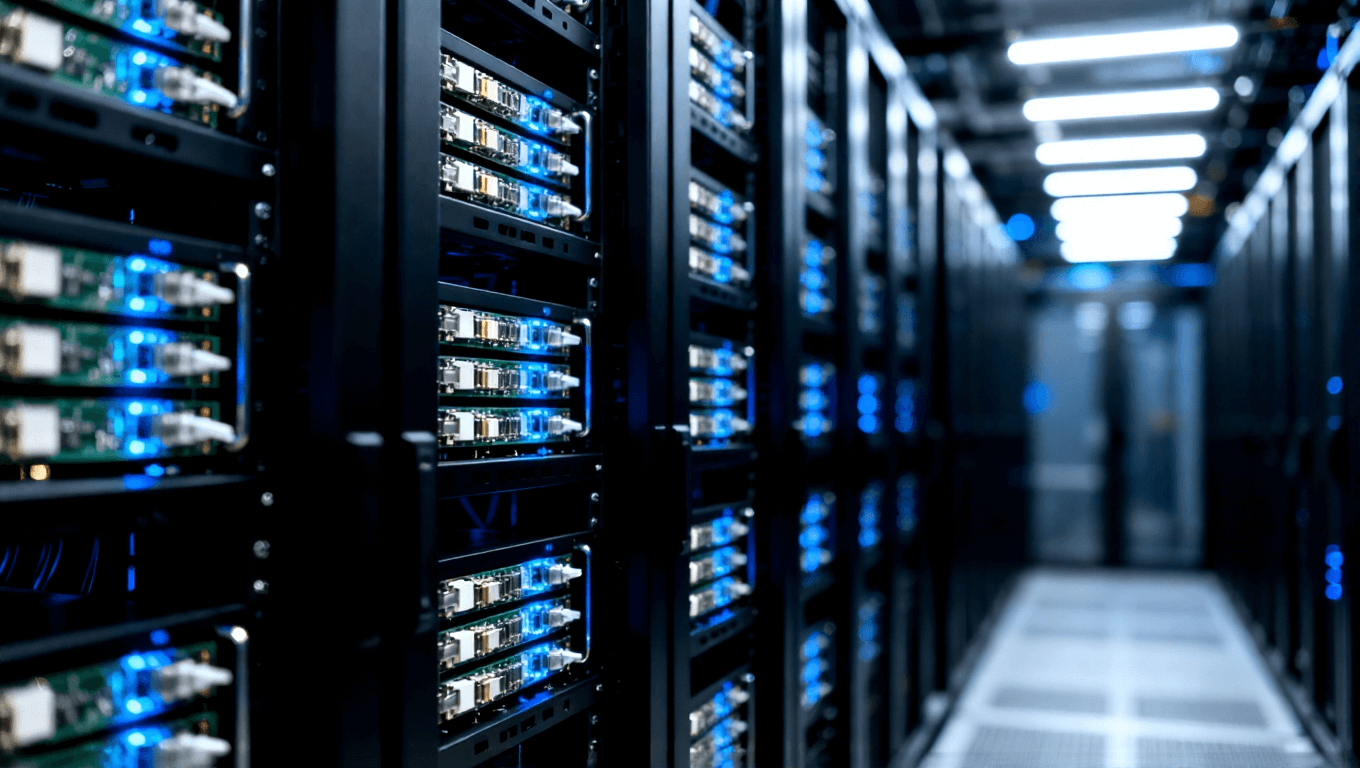 數(shù)據(jù)中心服務(wù)器機(jī)架中嵌入的多組光模塊陣列隱約可見(jiàn)內(nèi)部封裝基板