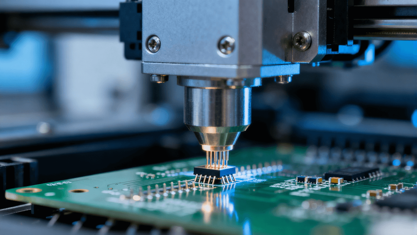 SMT貼裝精度操作場景，表現(xiàn)電子制造中元件貼裝的精準(zhǔn)把控，提升焊接良率的關(guān)鍵步驟