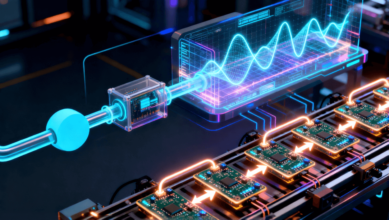 高頻板材選型標(biāo)準(zhǔn)化流程抽象圖，從需求輸入到參數(shù)匹配、仿真驗(yàn)證再到批量生產(chǎn)的可視化流程