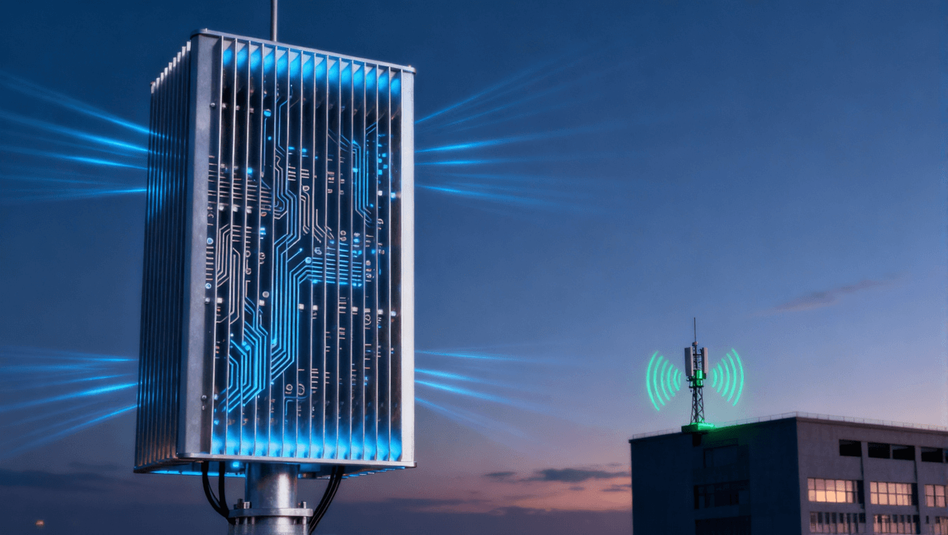 5G宏基站與微基站天線在黃昏環(huán)境下的工作場景，藍(lán)色與綠色信號(hào)波束展示不同覆蓋需求