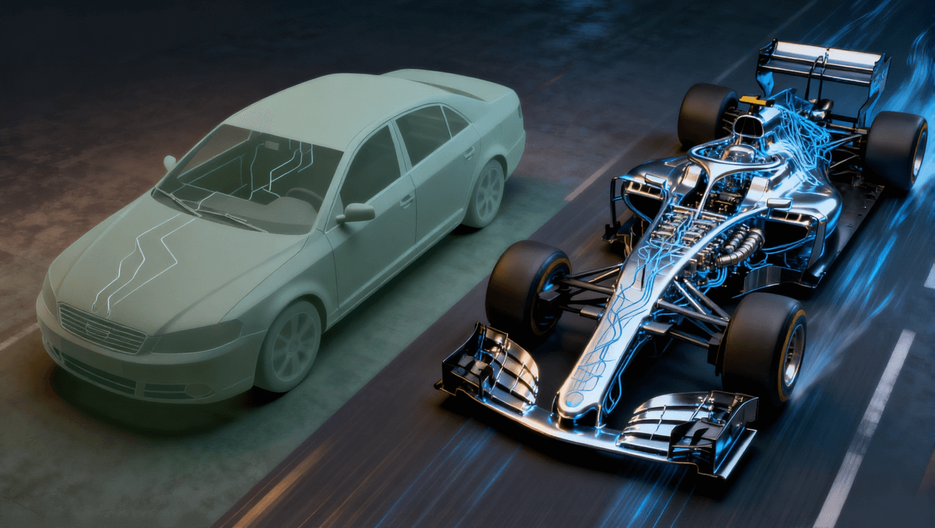 AI服務(wù)器PCB與普通PCB算力分級(jí)對(duì)比視覺(jué)圖，通過(guò)轎車(chē)與賽車(chē)的比喻展示性能與設(shè)計(jì)復(fù)雜度差異