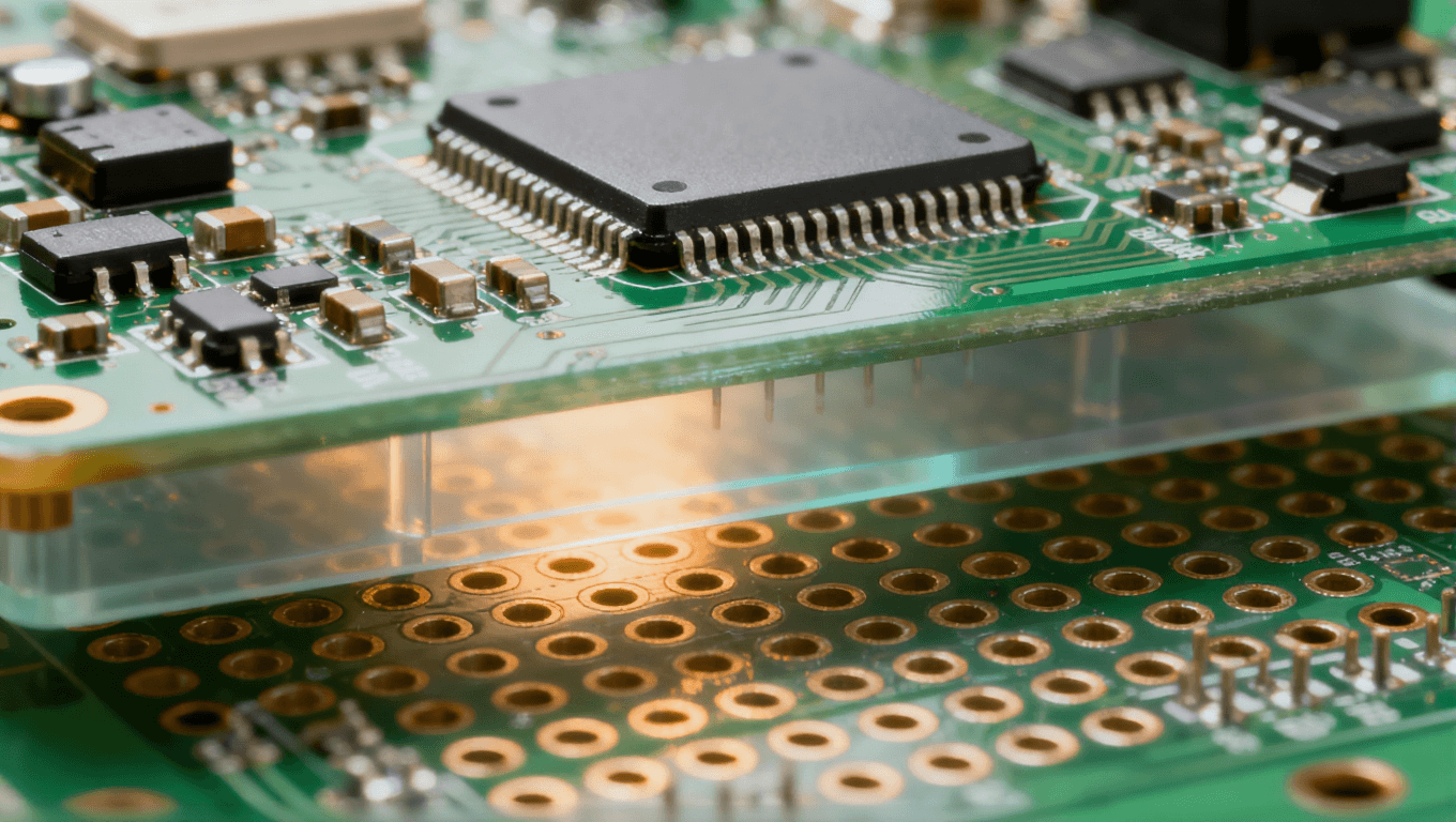 雙面混裝PCBA工藝結(jié)構(gòu)示意圖，表現(xiàn)回流焊與波峰焊在同一板上的融合應(yīng)用