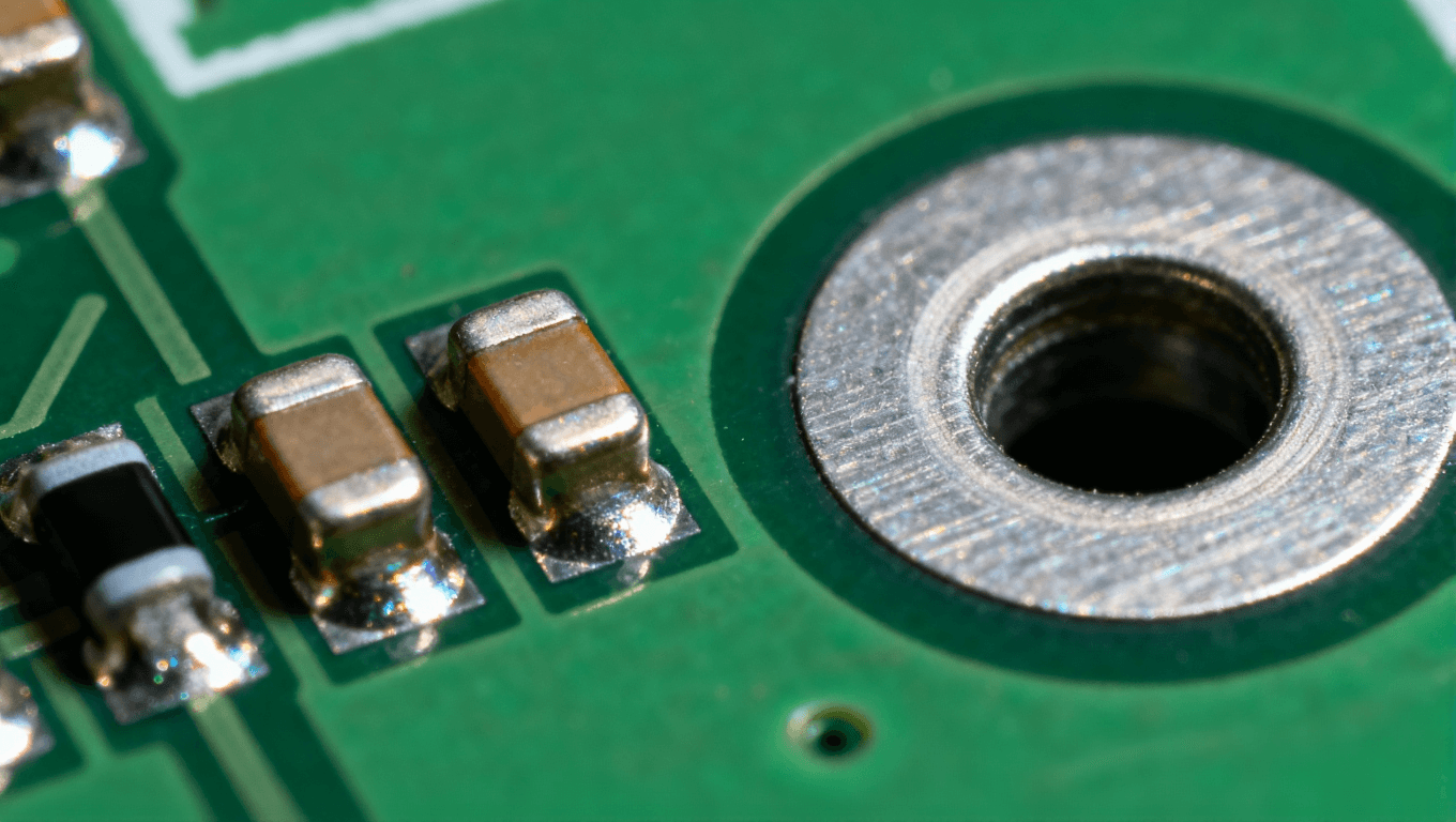 SMT貼片元件與THT插件元件焊點(diǎn)結(jié)構(gòu)對(duì)比微距圖，展現(xiàn)二維與三維焊接形態(tài)差異