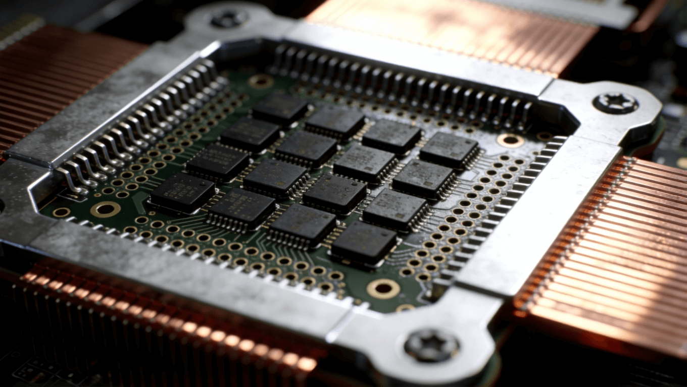 PCB熱管理布局特寫，展示導熱過孔、散熱片與器件分布結構