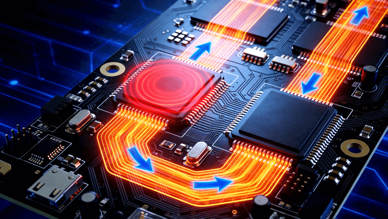 儲能PCB板熱源與傳熱路徑示意圖，展示發(fā)熱器件與熱傳導視覺化表達