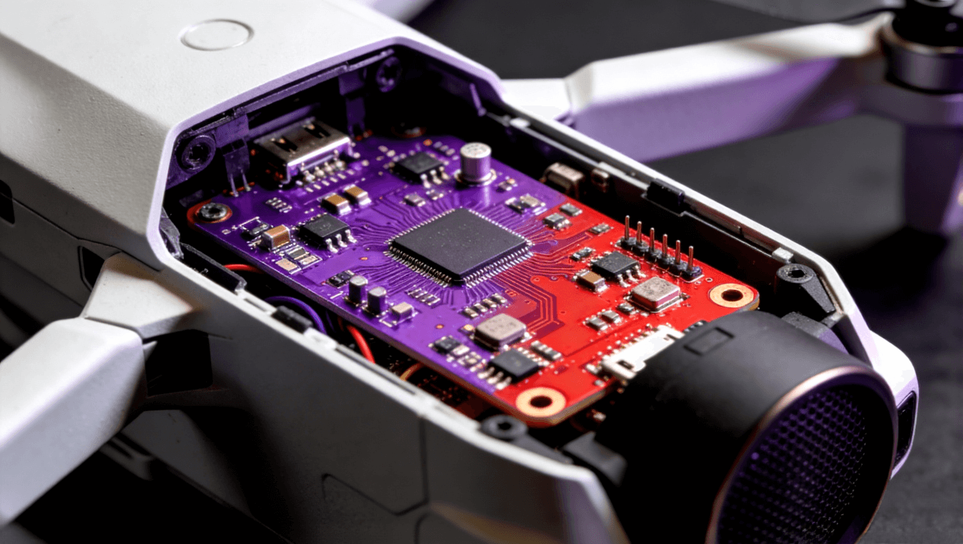 產(chǎn)品拆解藝術(shù)圖展示內(nèi)部紫色或紅色PCB板，組件布局整齊