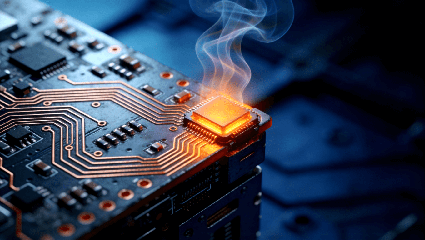 熱電分離金屬基板微距特寫，展示高功率電子元件散熱時熱浪波紋的視覺效果