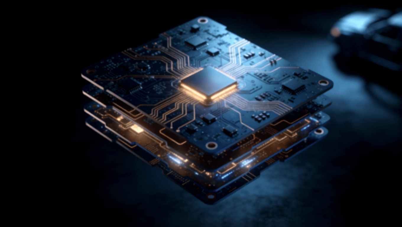自動(dòng)駕駛域控制器 PCB 抽象科技視覺(jué)，展示多層電路與芯片集成設(shè)計(jì)