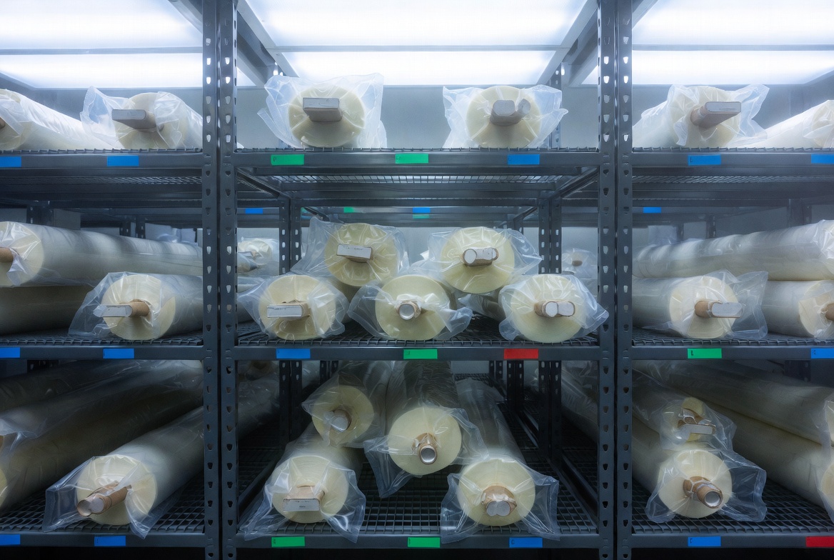 恒溫恒濕倉庫內(nèi)存放的真空包裝半固化片卷材，表現(xiàn)適宜存儲環(huán)境對材料穩(wěn)定性的重要性