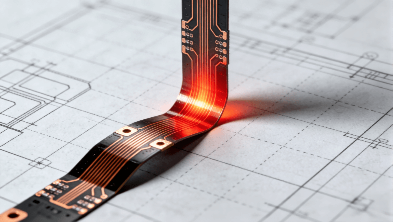 FPC走線與彎折方向垂直導致的應力集中可視化圖示，紅色熱力圖突出應力分布