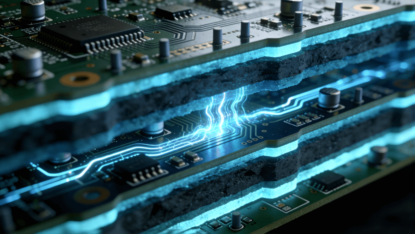 多層高頻PCB剖面視圖，展示電源層、地層結(jié)構(gòu)與去耦電容布局