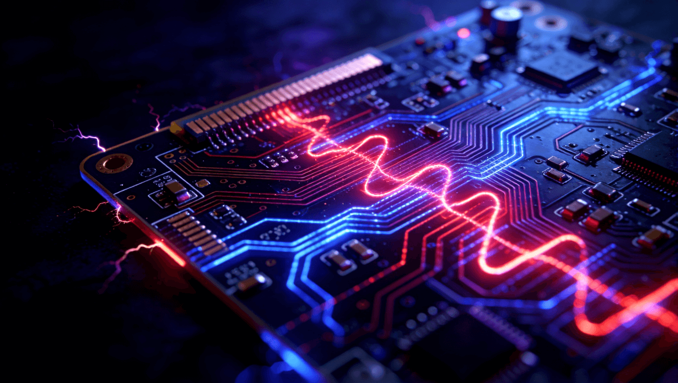 高頻電路板信號(hào)失真視覺(jué)化，展示紅色與藍(lán)色光流在PCB上扭曲波動(dòng)