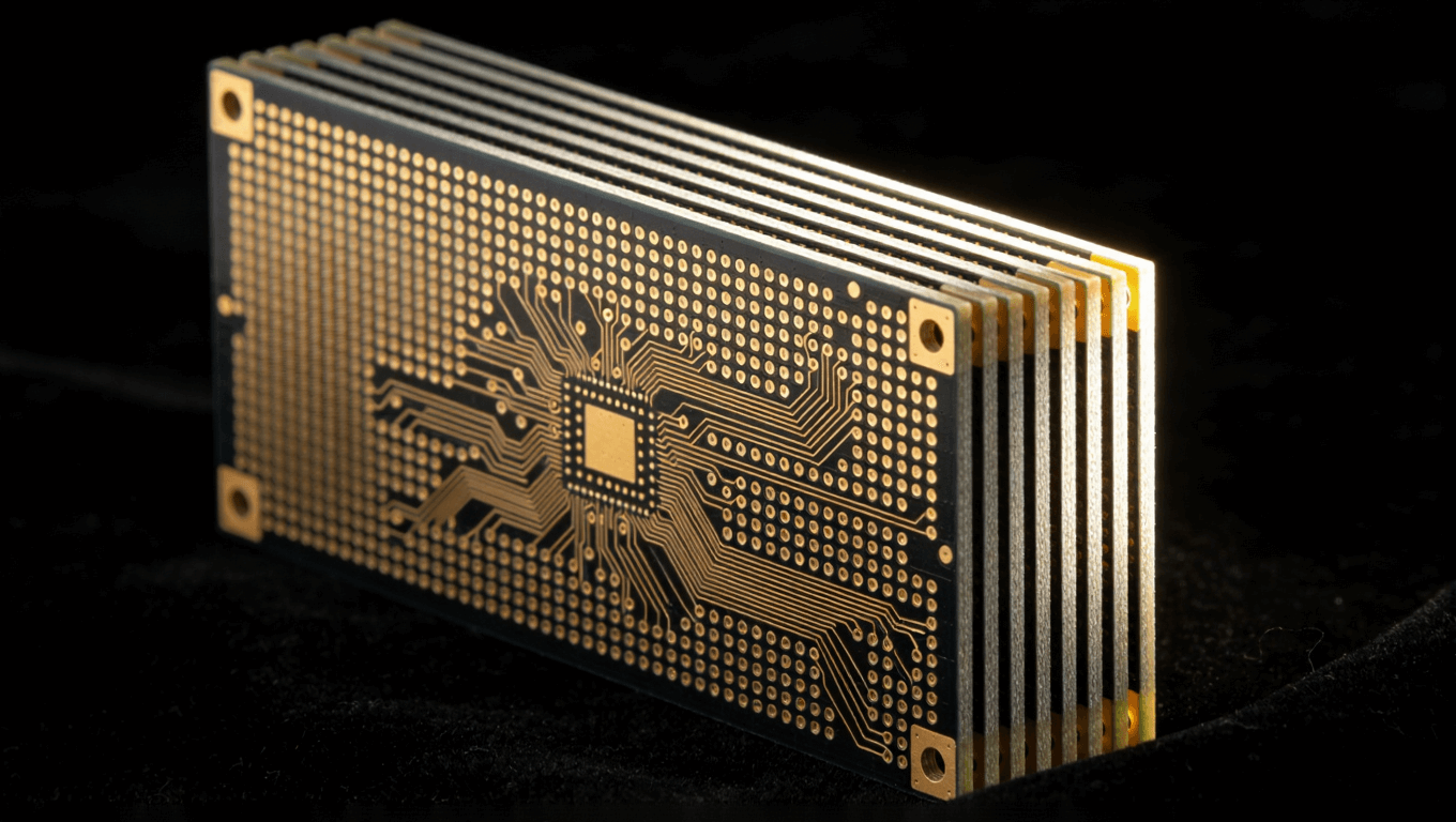 制造完成的毫米波PCB多層板靜物特寫，展示完美線路與層壓結(jié)構(gòu)