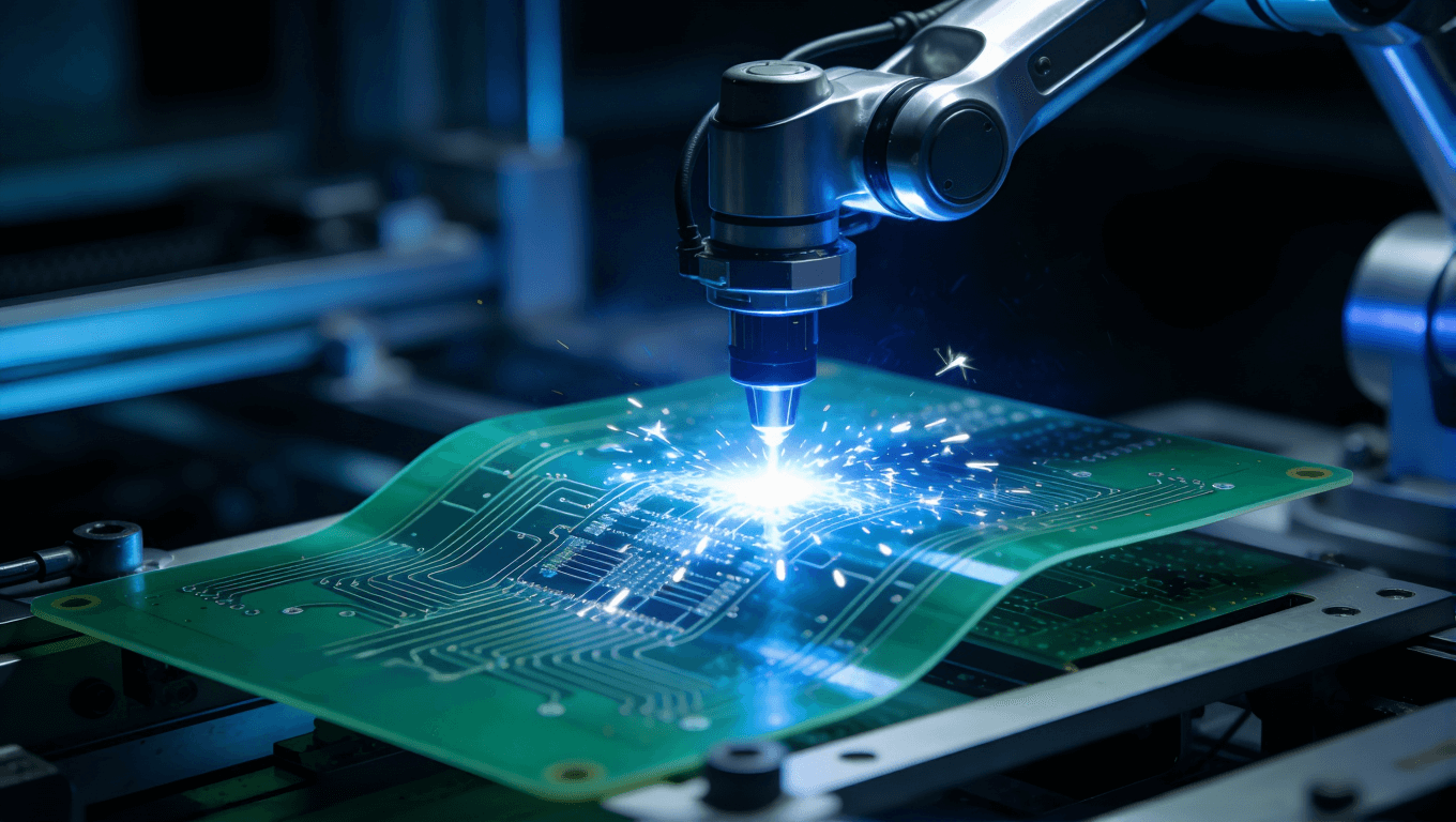 超聲探頭柔性板高精度激光生產(chǎn)工藝現(xiàn)場(chǎng)，展示先進(jìn)的微米級(jí)加工技術(shù)與自動(dòng)化質(zhì)量控制