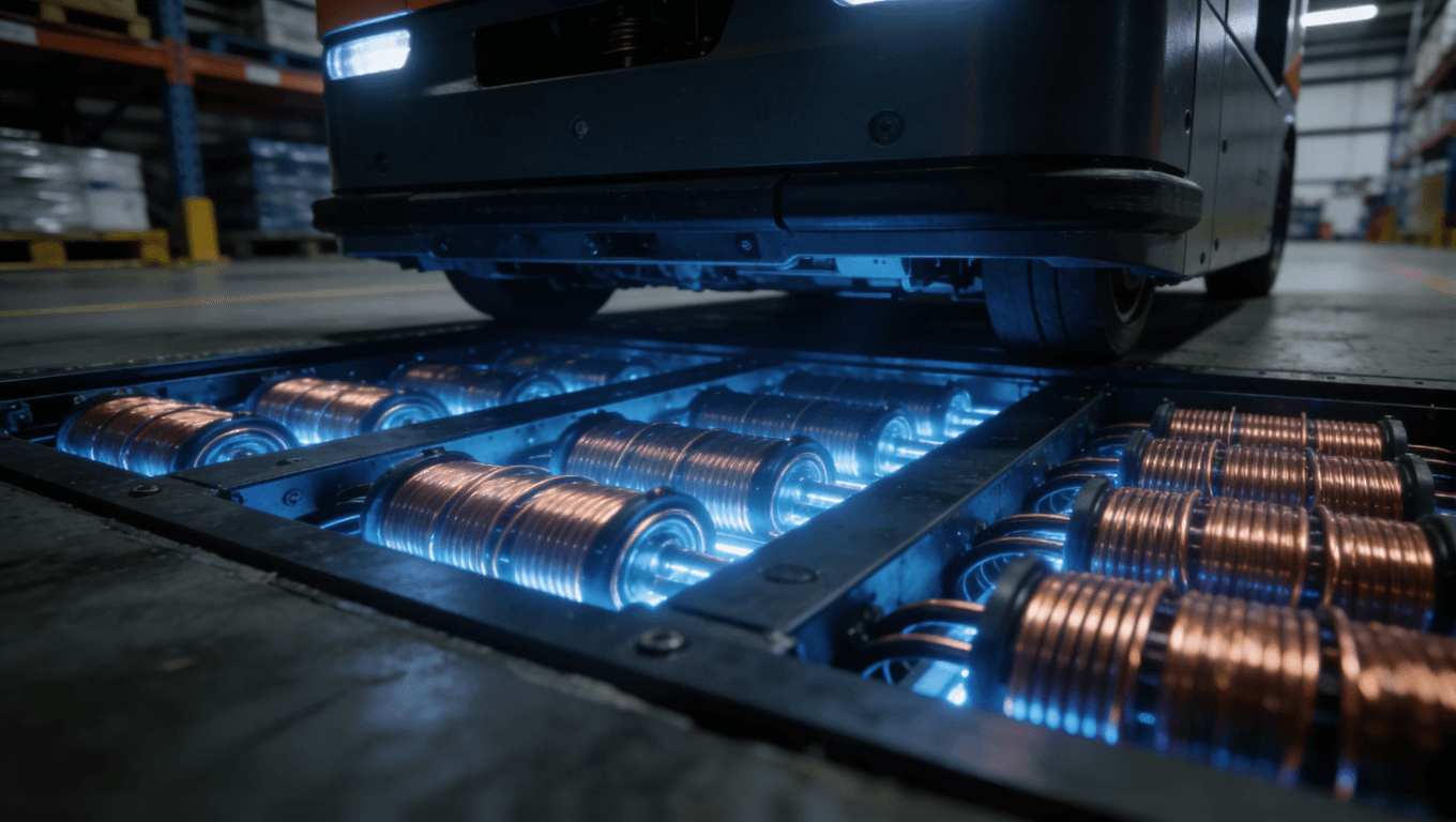 工業(yè)AGV大功率無線充電站及內(nèi)部多線圈PCB工作場(chǎng)景