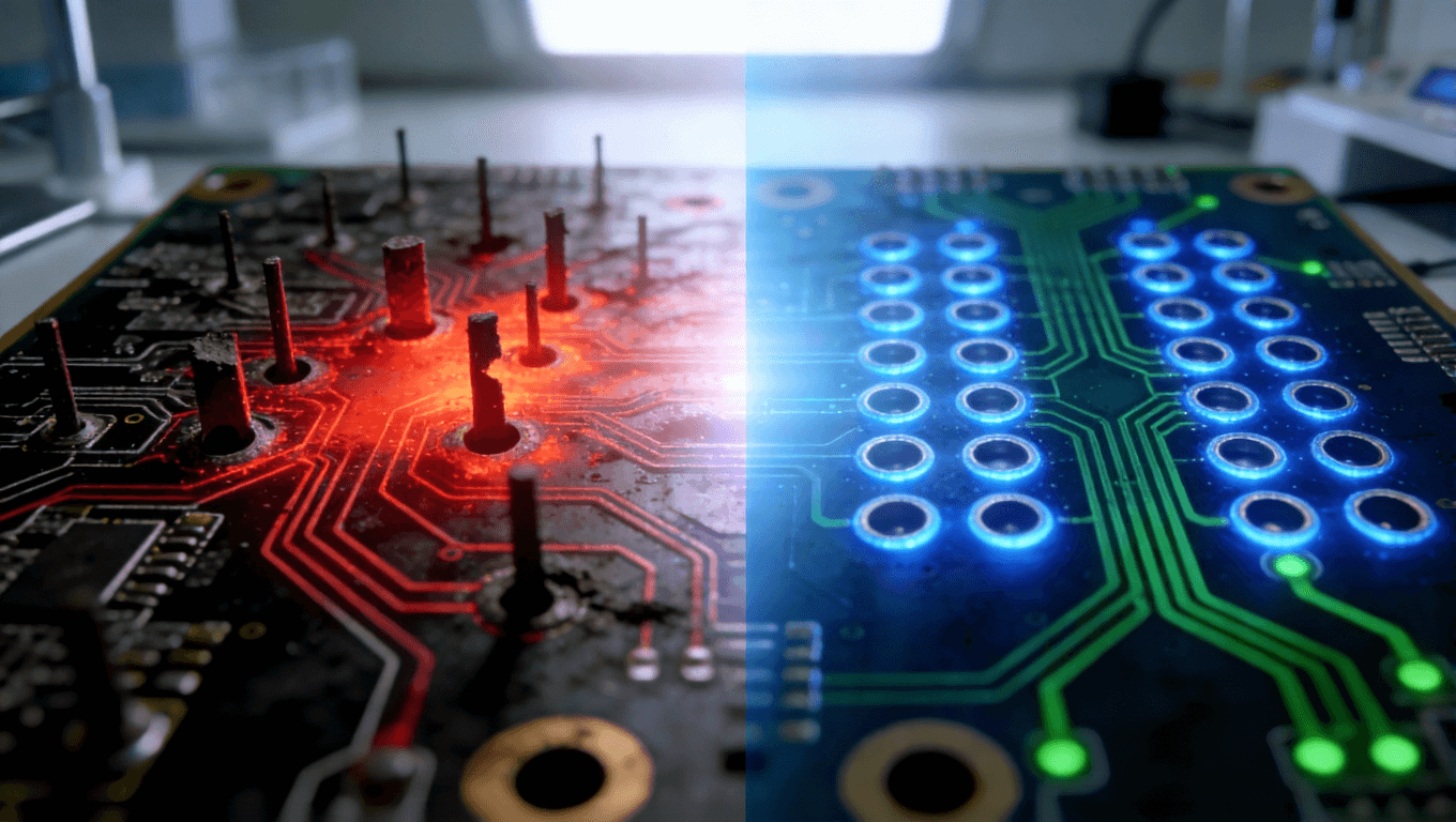 1.6T光模塊PCB過孔優(yōu)化前后對(duì)比，左側(cè)傳統(tǒng)設(shè)計(jì)問題，右側(cè)優(yōu)化后信號(hào)與熱管理改善