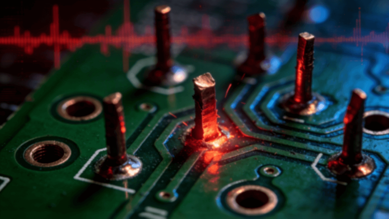 高速光模塊PCB傳統(tǒng)通孔殘樁特寫，展示via stub導(dǎo)致的信號(hào)反射與干擾問題