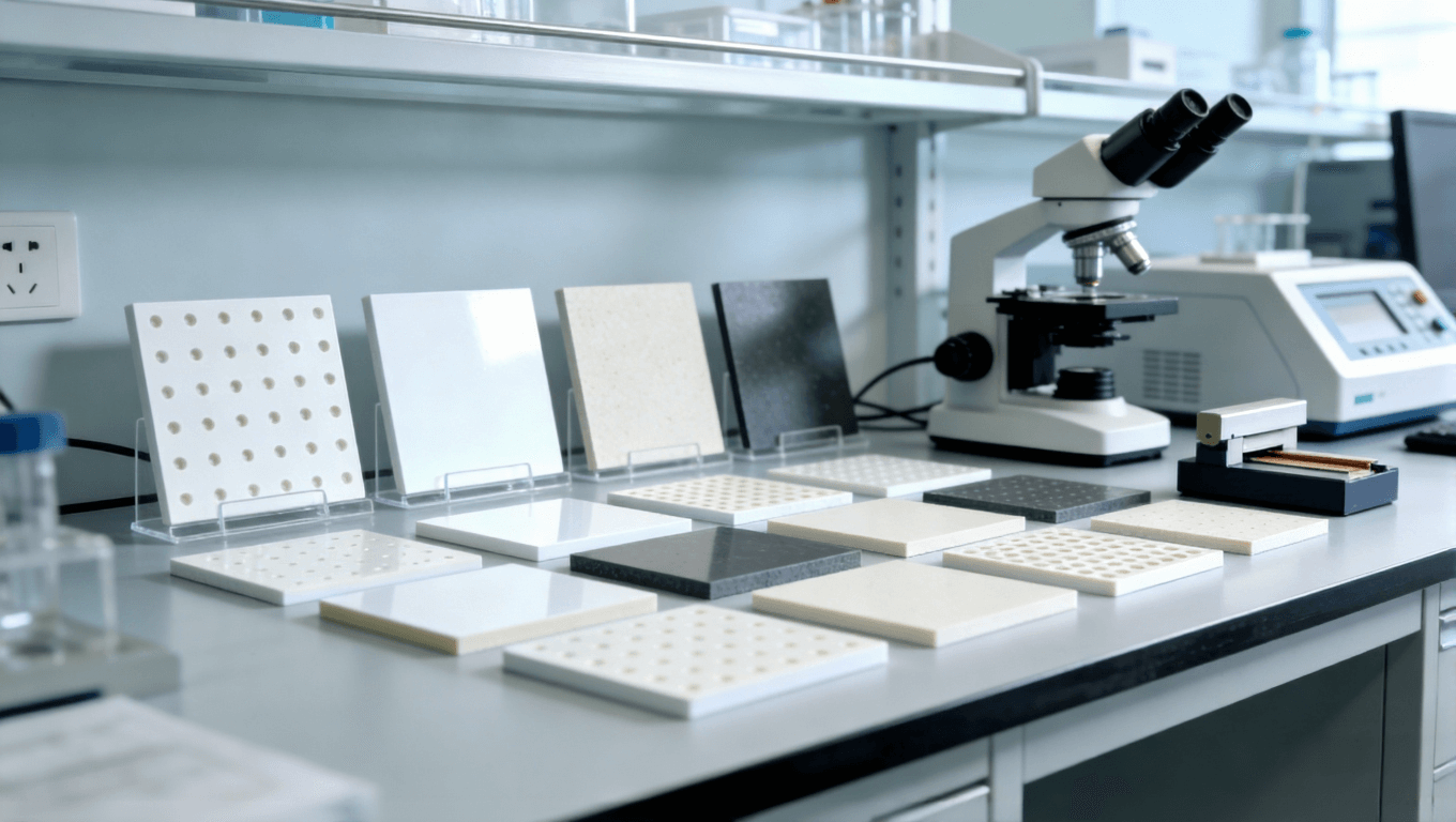 陶瓷基板樣品與檢測(cè)設(shè)備陳列圖，展現(xiàn)材料對(duì)比與質(zhì)量管控環(huán)節(jié)