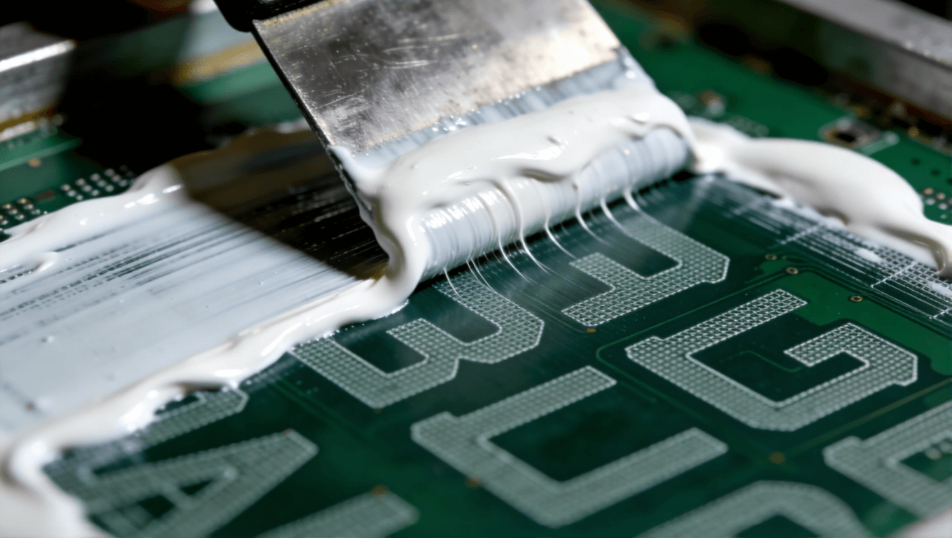 PCB板絲網(wǎng)印刷工藝核心步驟特寫，展現(xiàn)高精度刮印技術(shù)