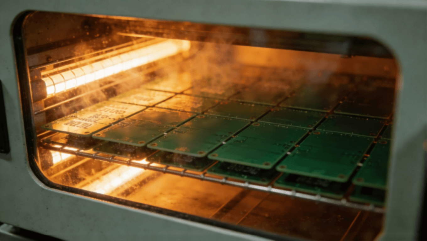 PCB絲印油墨高溫固化工藝現(xiàn)場，電子制造熱固化過程