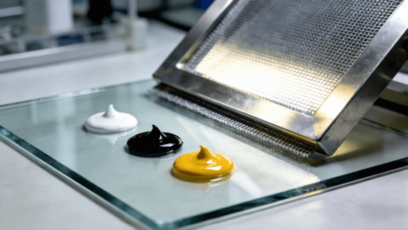 PCB絲印油墨選型與網(wǎng)版搭配專業(yè)場景，展示電子制造精密材料科學