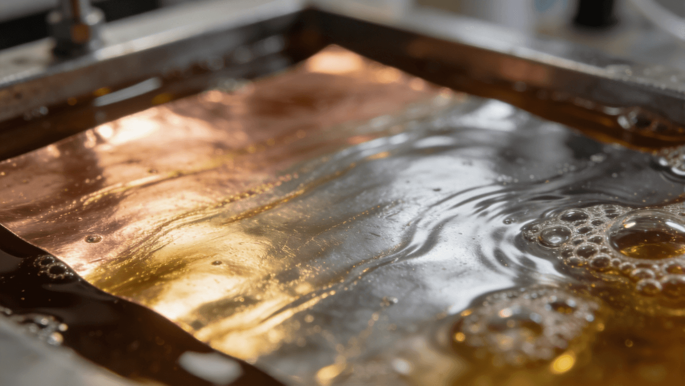 沉金工藝化學(xué)沉積過(guò)程微距視圖，展示鎳層與金層的形成