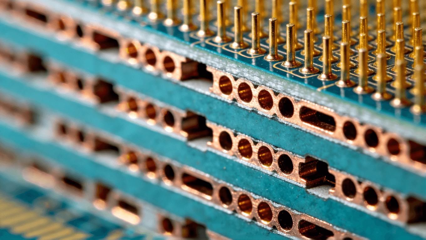 陶瓷電路板盲埋孔工藝的微觀截面示意圖，展示精密互連結(jié)構(gòu)