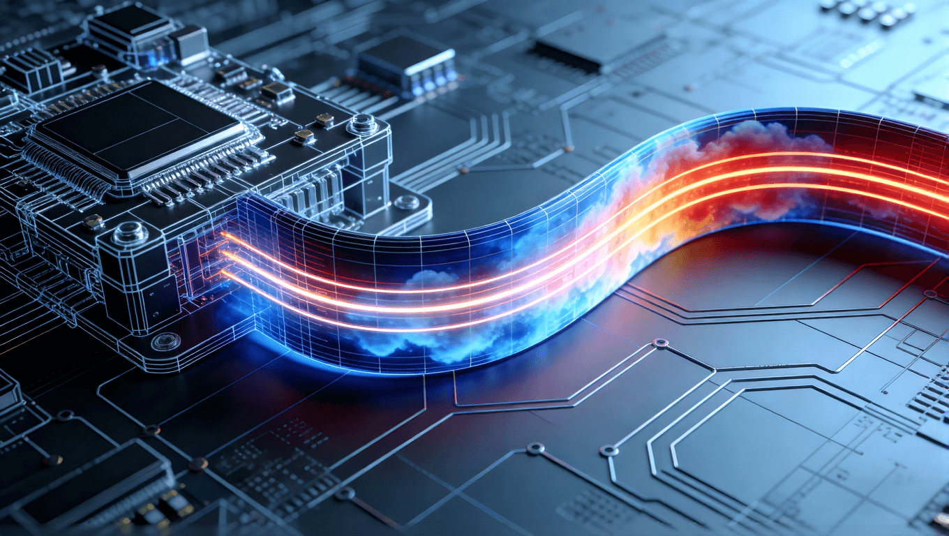 （從藍(lán)到紅）疊加顯示應(yīng)力分布的模擬云圖。幾條象征信號路徑的光帶沿著電路流動，在彎曲部分保持穩(wěn)定亮度