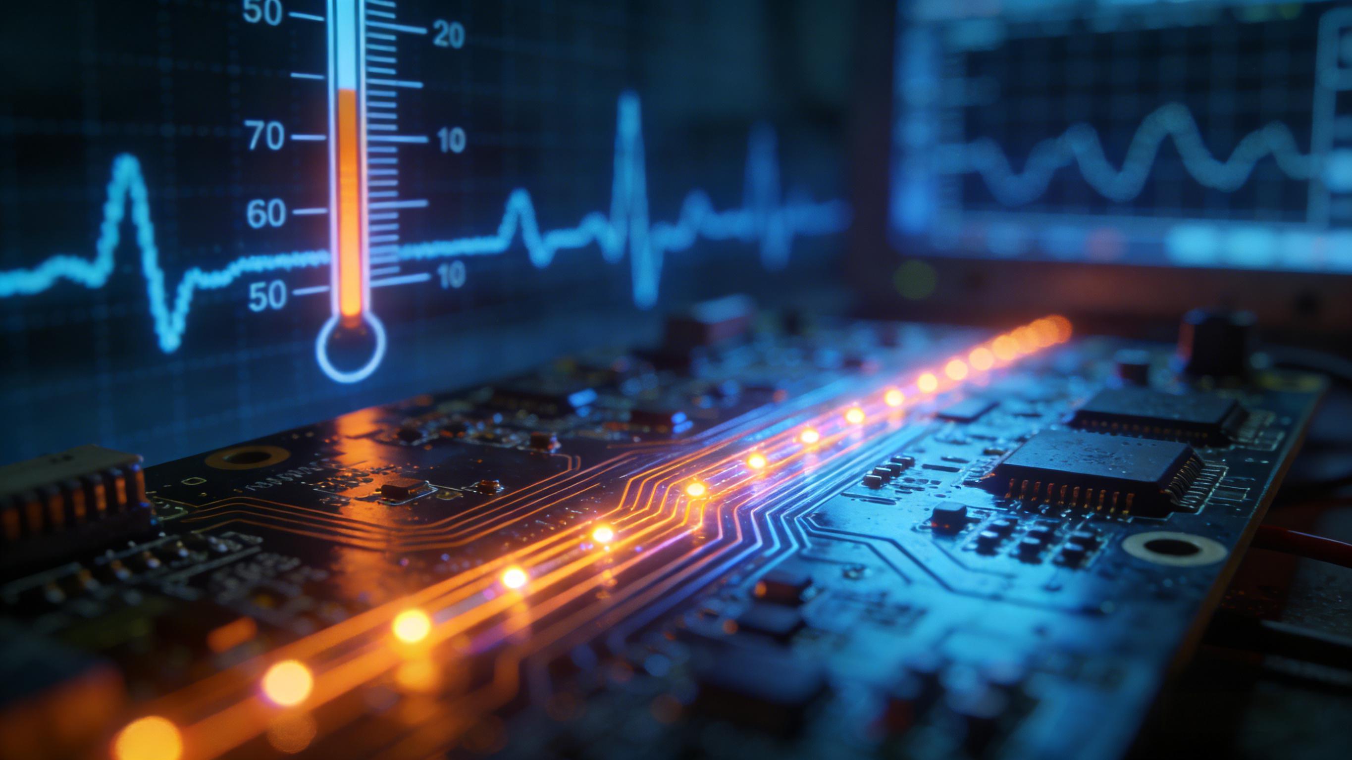 PCB熱循環(huán)測試場景可視化，冷暖光影交替表現(xiàn)溫度變化下信號穩(wěn)定性測試