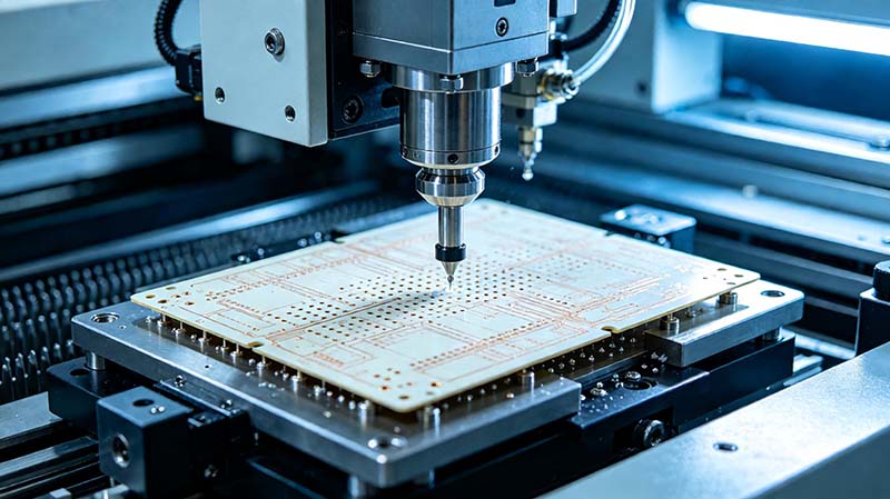 PTFE 高頻 PCB 制造工藝中的精密加工場(chǎng)景，展示鉆孔和高可靠電路板生產(chǎn)過(guò)程