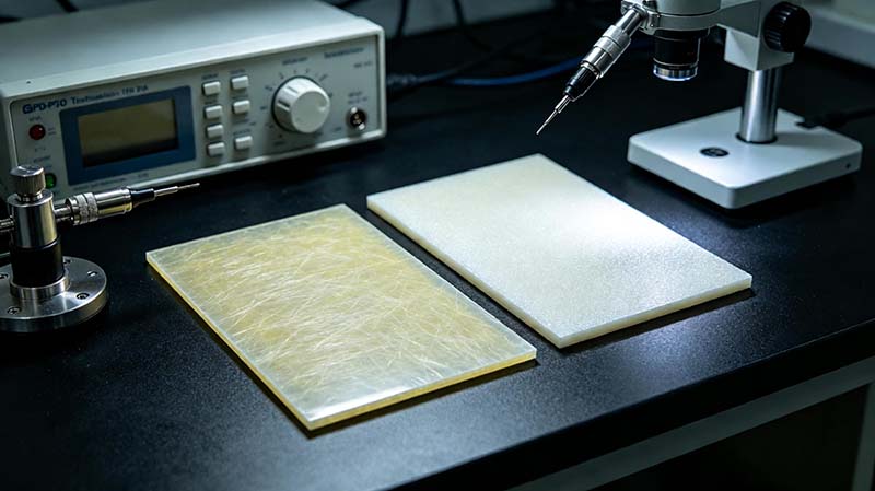 PTFE 與 FR4 高頻板對(duì)比分析中的 PCB 基材展示，體現(xiàn)不同材料結(jié)構(gòu)和高頻性能差異